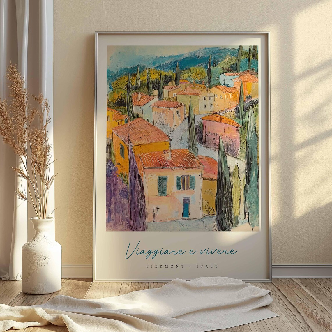 Piedmont Italy Expressive Village Painting Hills Travel Poster - Image 2