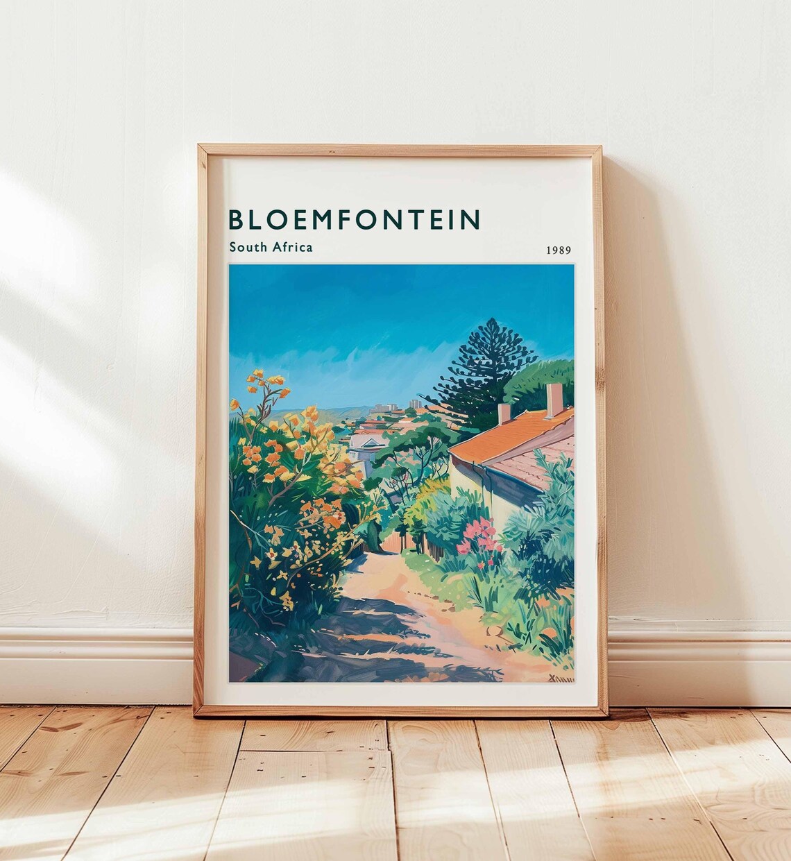 Bloemfontein South Africa 1989 Garden Lane Flowers Watercolor Travel Poster