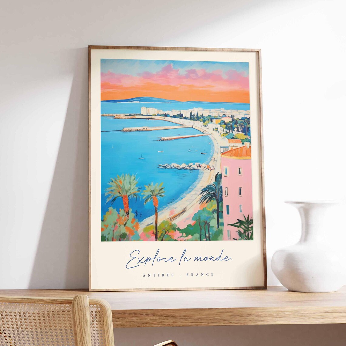 Antibes France Sunset Bay Pier Palm Silhouette Coastline Travel Poster