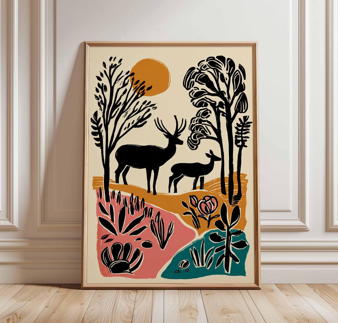 Deer Silhouette Sunset Linocut Style Wildlife Nature Art Poster