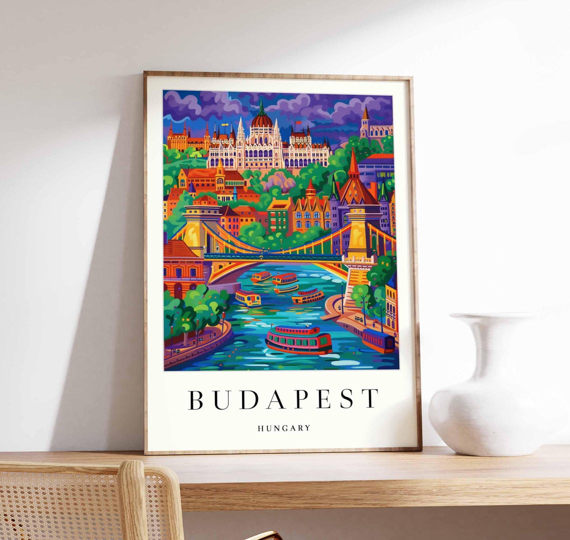 Budapest Parliament Bridge Boats Dusk Colorful Pop Art Poster