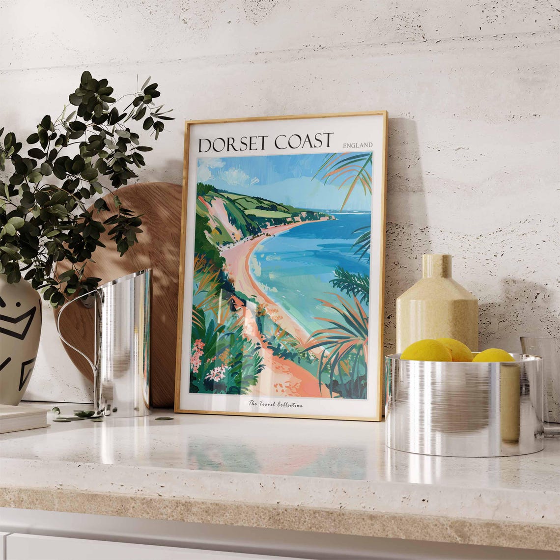 Dorset Coast England Sandy Bay Palm Foliage Seaside Travel Poster - Image 3