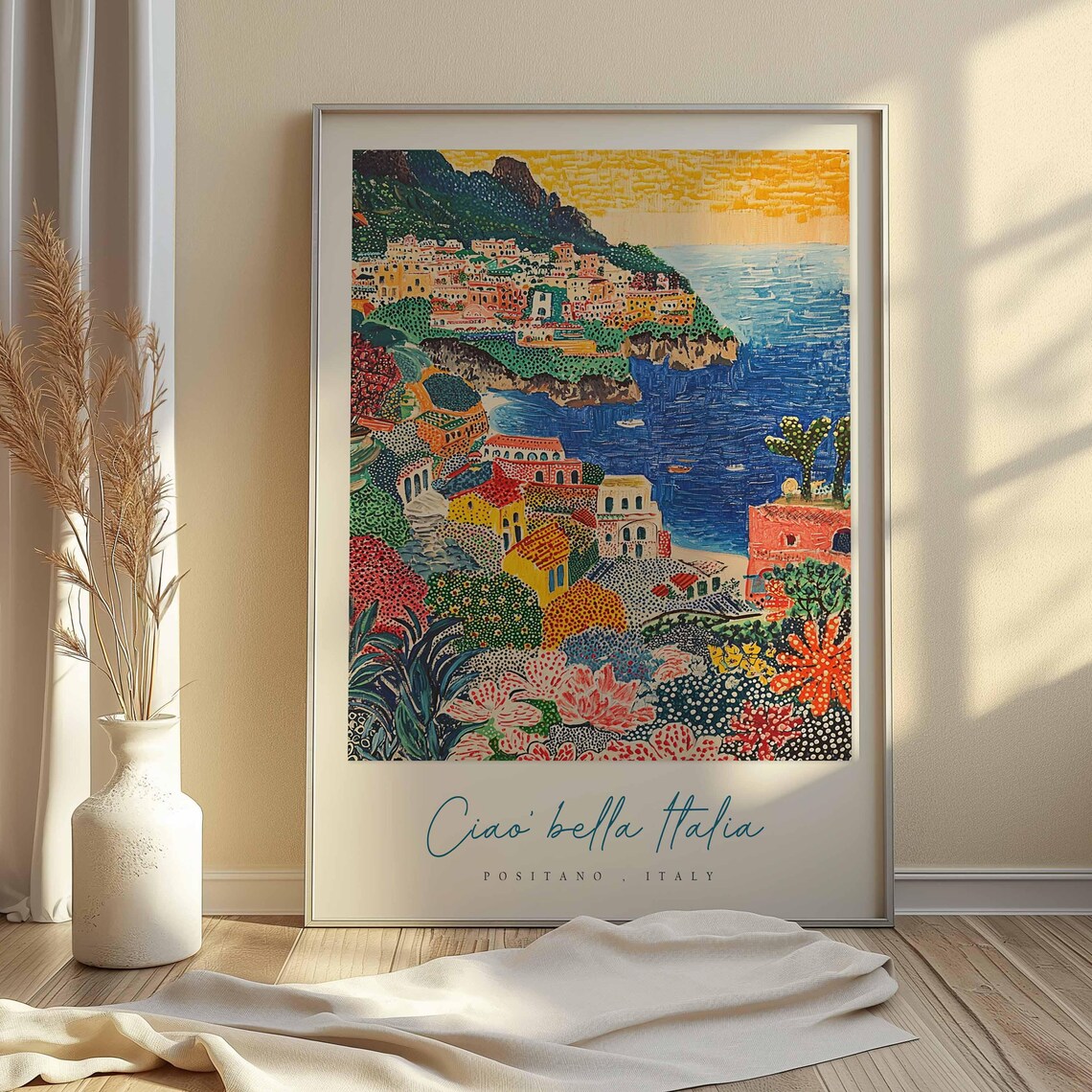 Positano Italy Sunset Hills Dotted Flower Garden Seaside Art Poster - Image 2