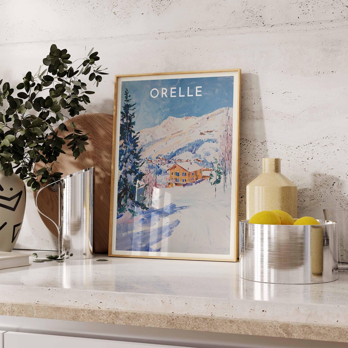 Orelle Orange Chalet Blue Firs Snowy Peak Mountain Landscape Poster - Image 2