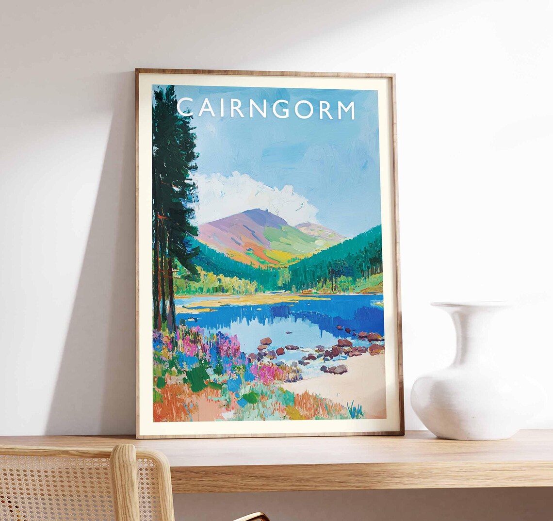 Cairngorm Scotland Loch Mountain Pines Wildflower Painting Poster