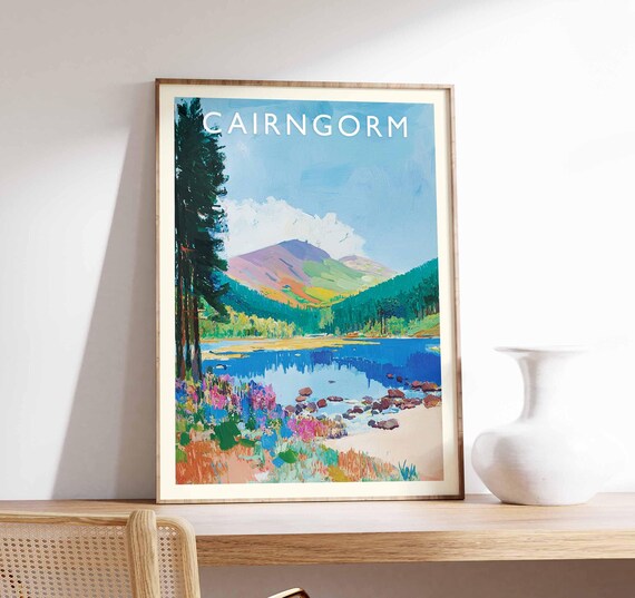 Cairngorm Scotland Loch Mountain Pines Wildflower Painting Poster