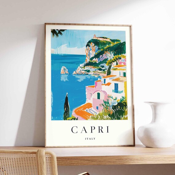 Capri Italy Faraglioni Cliffs Colorful Seaside Houses Coastal Travel Poster