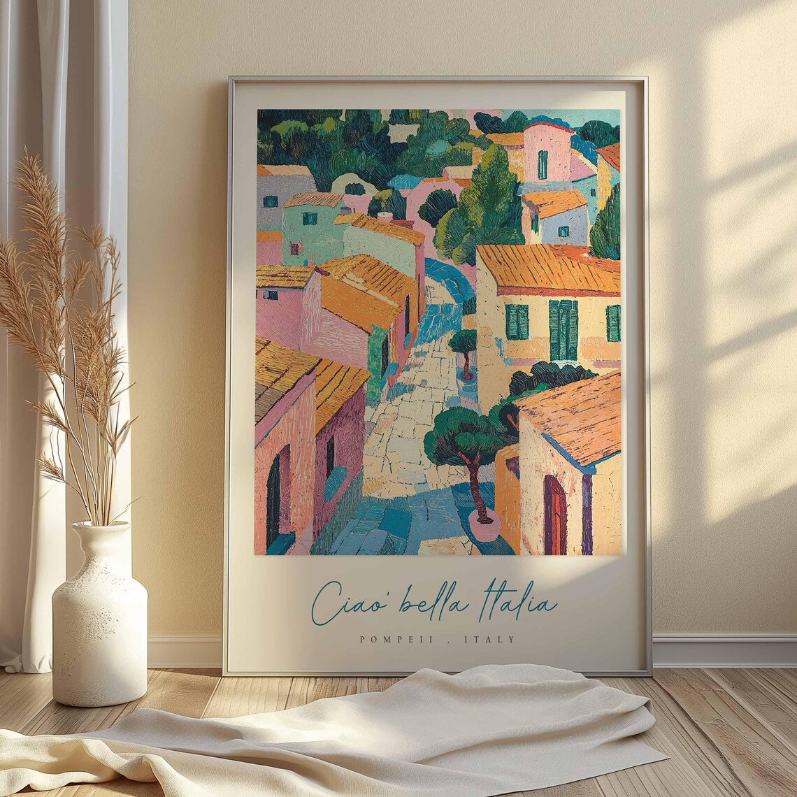 Pompeii Italy Colorful Village Rooftops Aerial Painting Travel Poster - Image 2