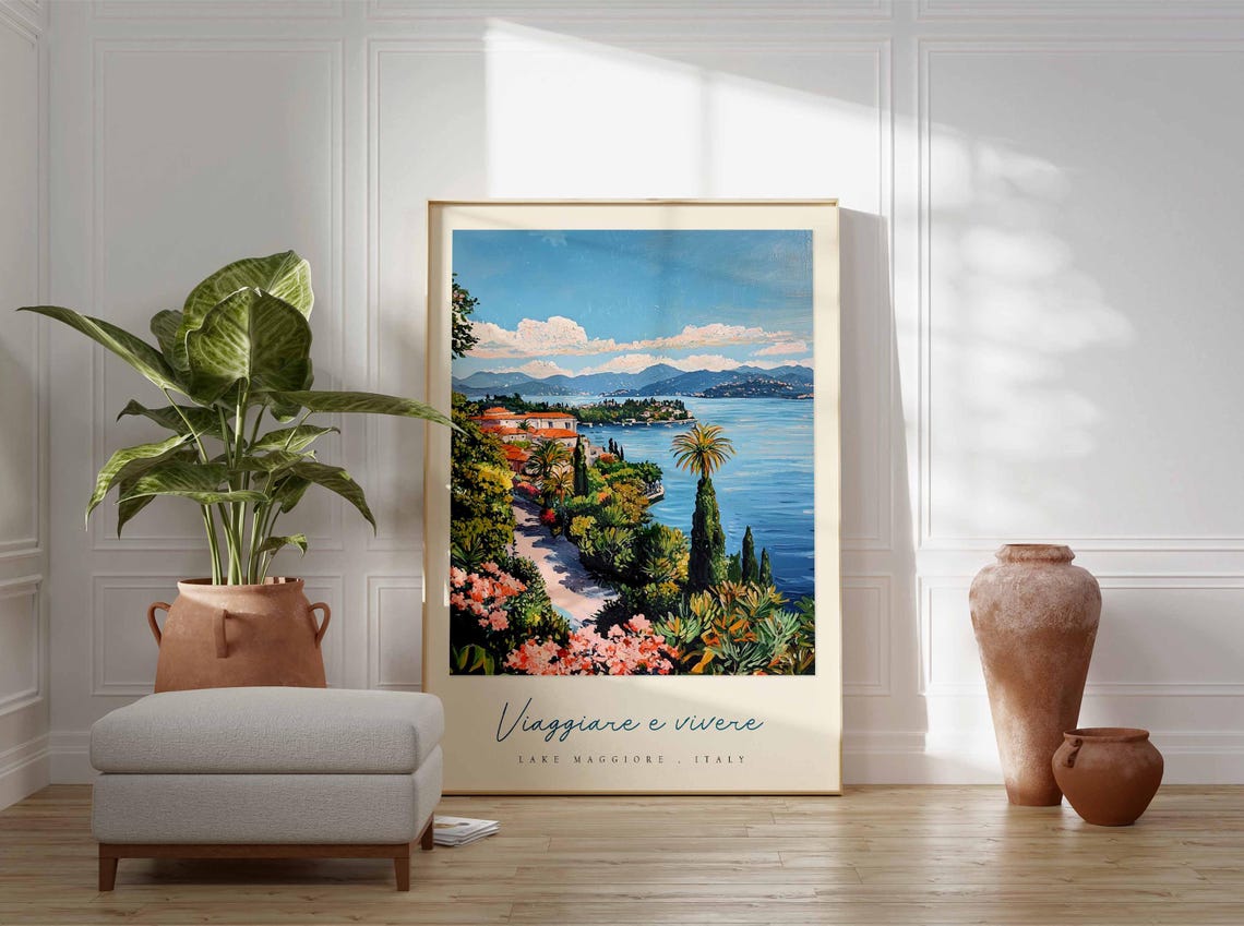Lake Maggiore Italy Palm Garden Path to Lake Pink Blossom Walk Poster - Image 3