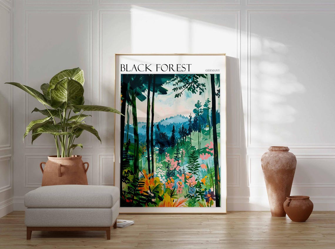 Black Forest Germany Tall Pines and Flower Meadow Scene Poster - Image 2
