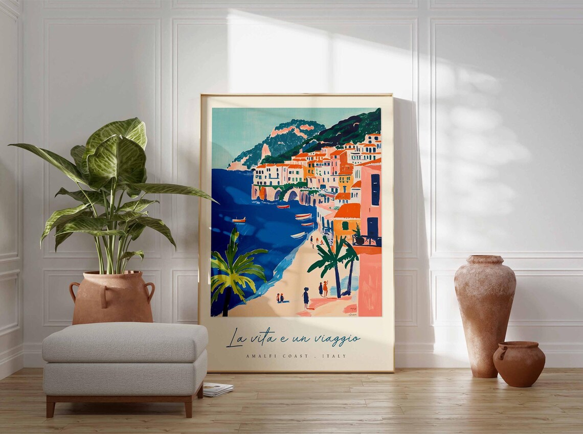 Amalfi Coast Italy Beach Palms Cliffside Village Boats Travel Poster - Image 3