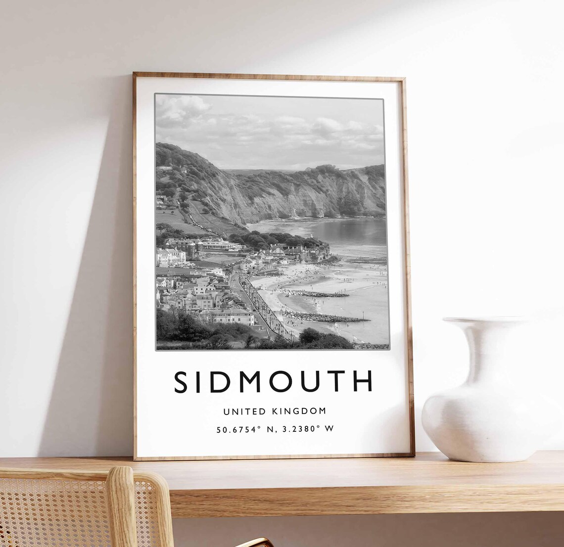 Sidmouth United Kingdom Black White Coastal Cliffside Town Poster