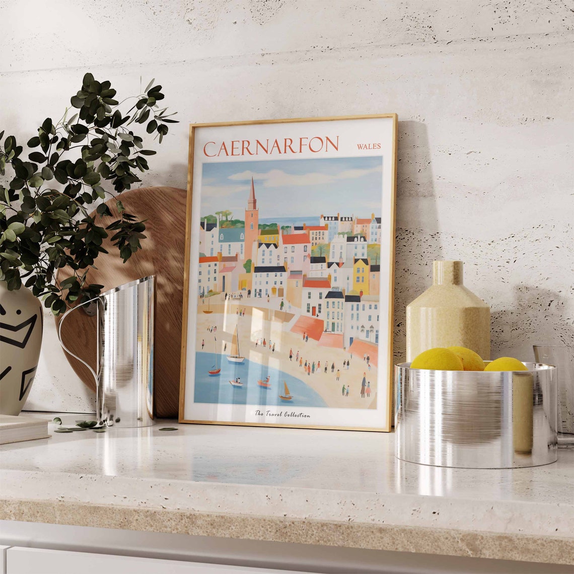 Caernarfon Wales Pastel Seaside Harbor Town Illustration Poster - Image 3