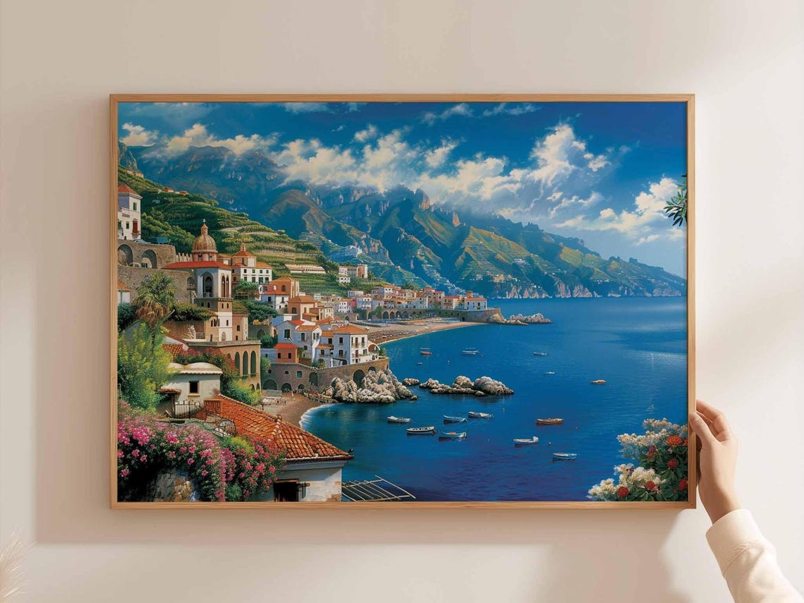 Amalfi Coast Seaside Village Blue Coastal Sea Italy Travel Poster