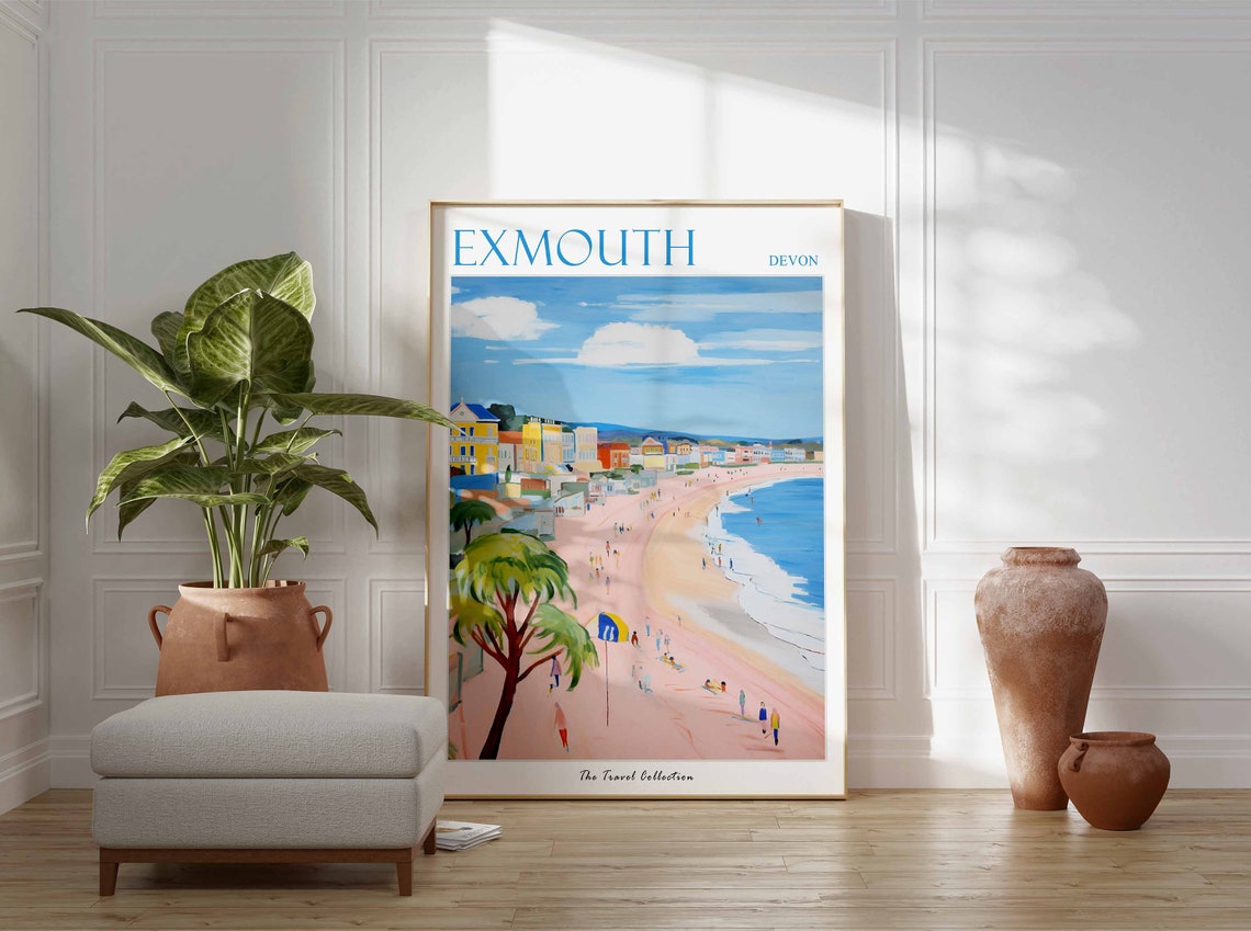 Exmouth Devon Curving Pink Beach Palm Tree Town Bay Seaside Poster - Image 3