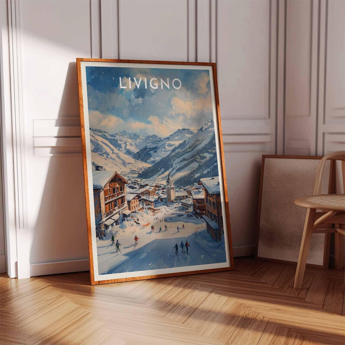 Livigno Village Street Church Tower Skiers Snow Scene Poster - Image 3