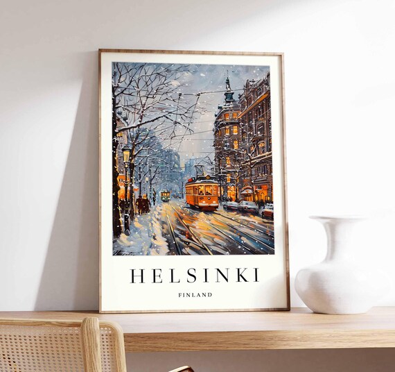 Helsinki Finland Snowy Evening Tram Glowing Lights Travel Poster