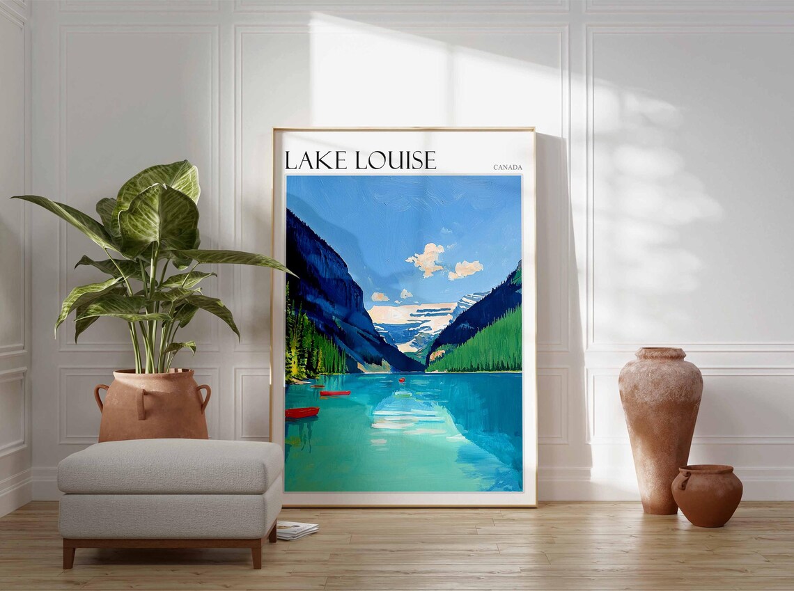 Lake Louise Canada Turquoise Water Red Canoes Mountain Art Poster - Image 2