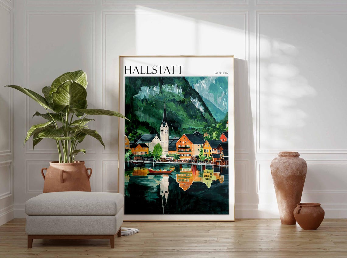 Hallstatt Austria Watercolor Red Boat Lake View Travel Poster - Image 3
