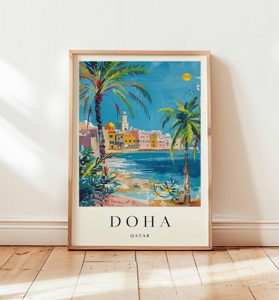 Doha Qatar Waterfront Old Town Palm Trees Seaside Art Poster