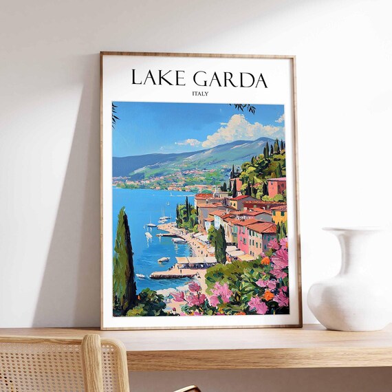 Lake Garda Italy Lakeside Village Boats Cypress Travel Poster