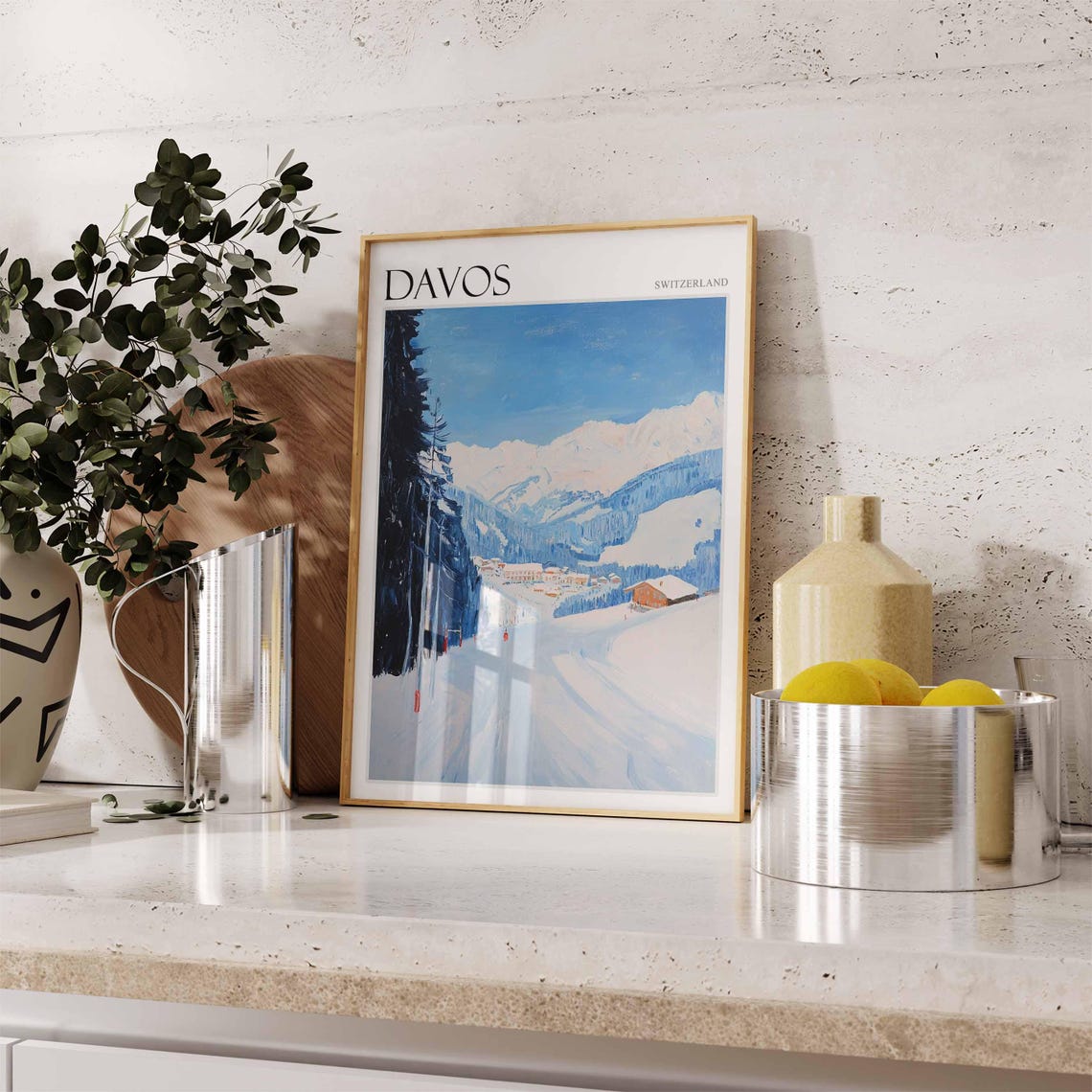 Davos Switzerland Wide Ski Slope Pine Forest Red Chalet Winter Poster - Image 2