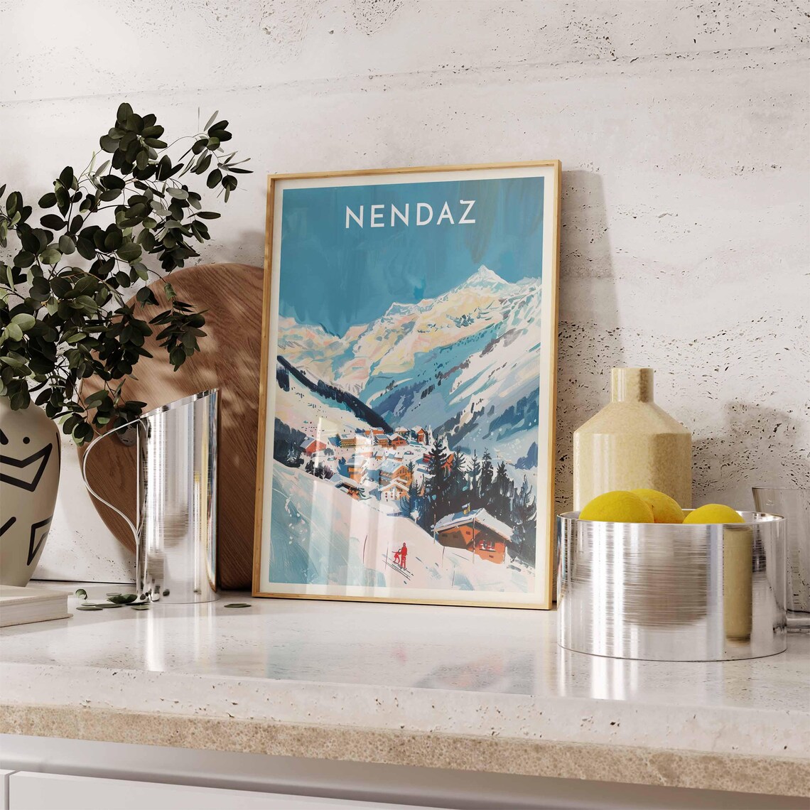 Nendaz Switzerland Teal Valley Village Below Pastel Peaks Travel Poster - Image 2