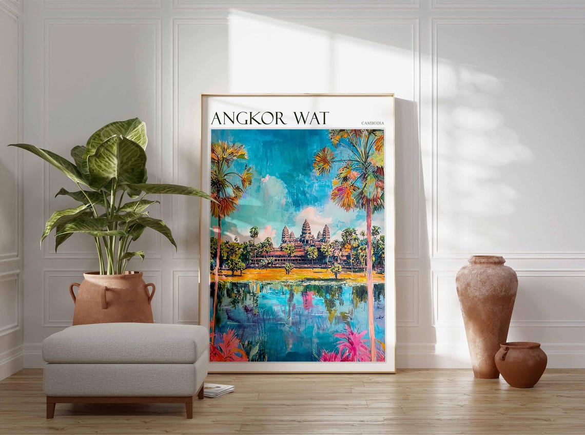 Angkor Wat Cambodia Vibrant Colorful Temple Painting Travel Poster - Image 2
