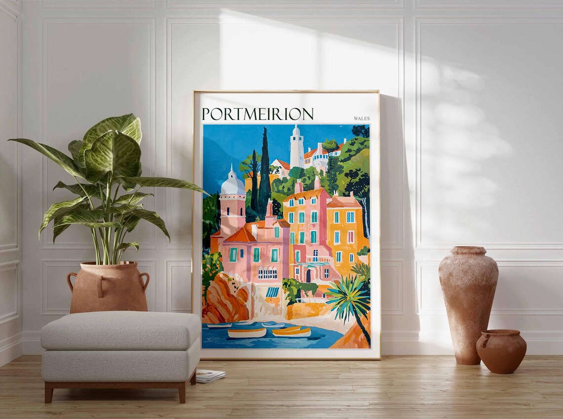 Portmeirion Wales Domed Tower Pastel Houses Palm Tree Art Poster - Image 4