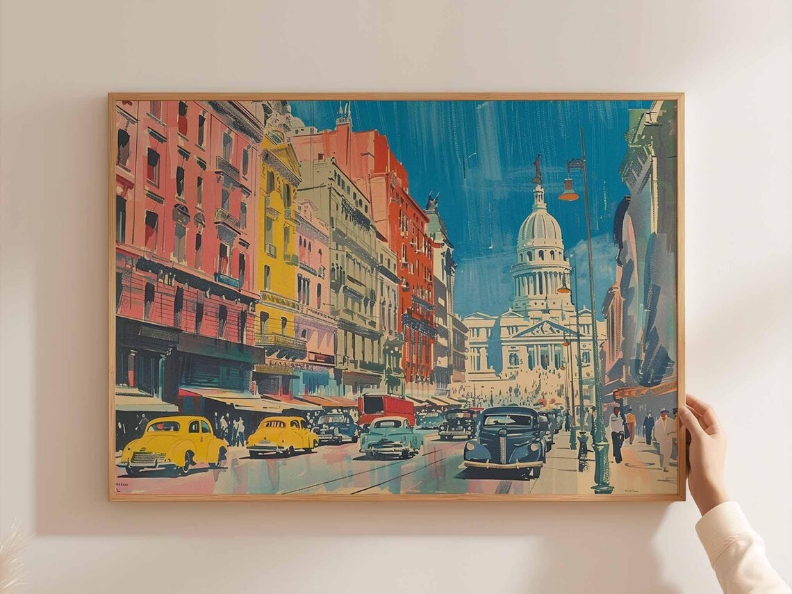 Buenos Aires Classic Cars Avenida Retro Mid Century Art Poster