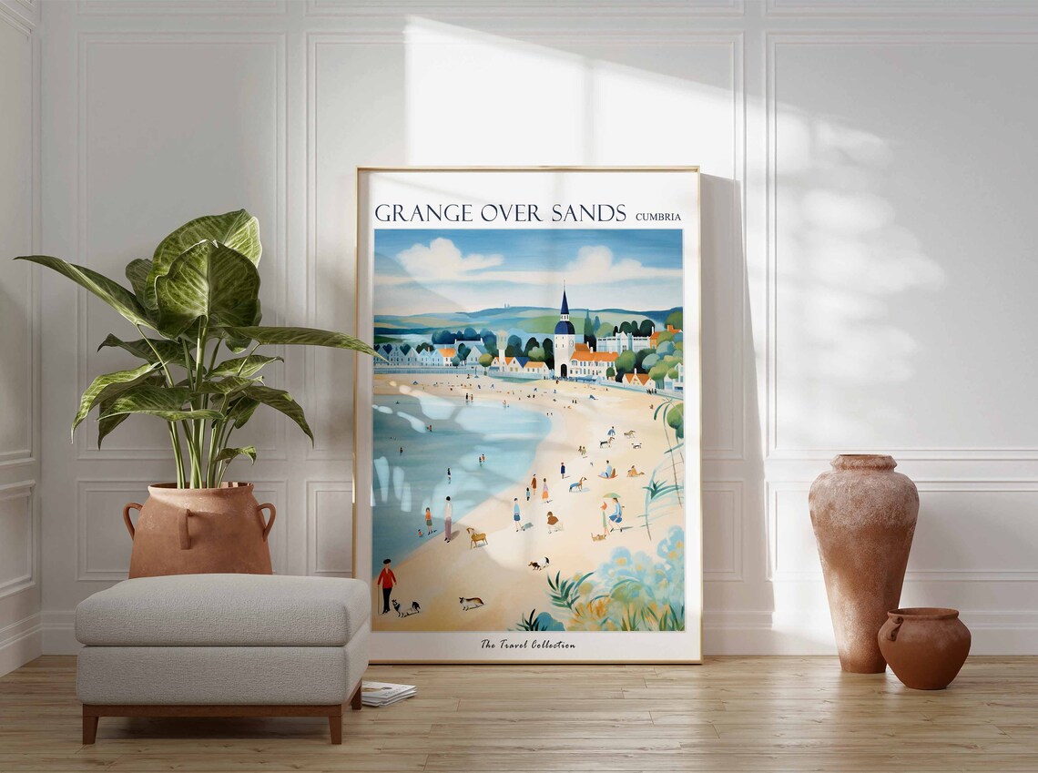 Grange Over Sands Cumbria Beach Walkers Dogs Church Spire Poster - Image 3