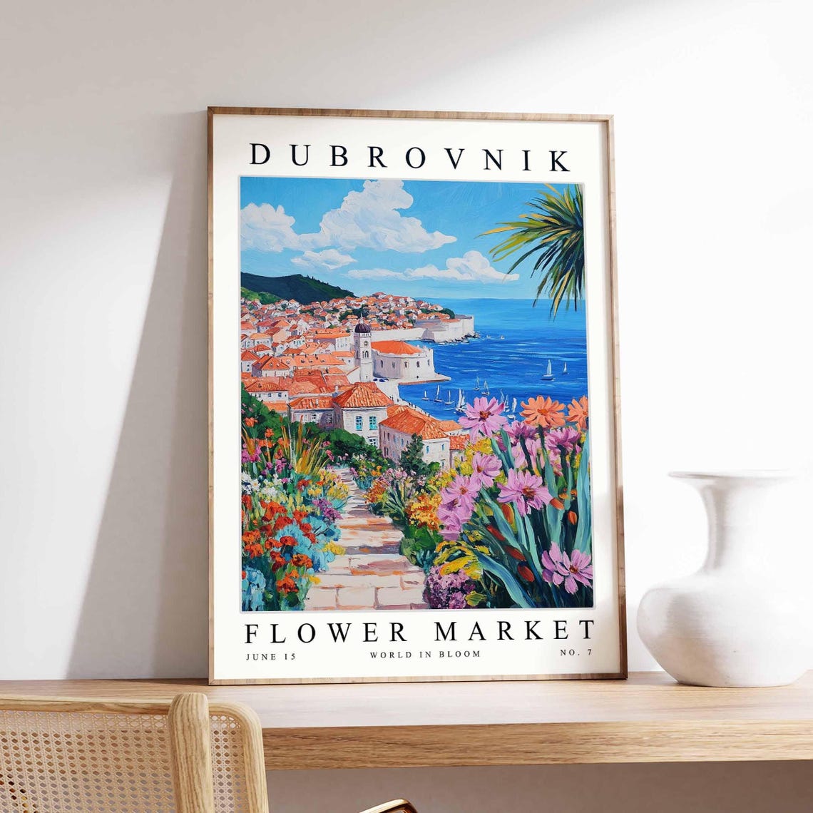 Dubrovnik Flower Market Sailboat Harbor Stone Garden Path Poster