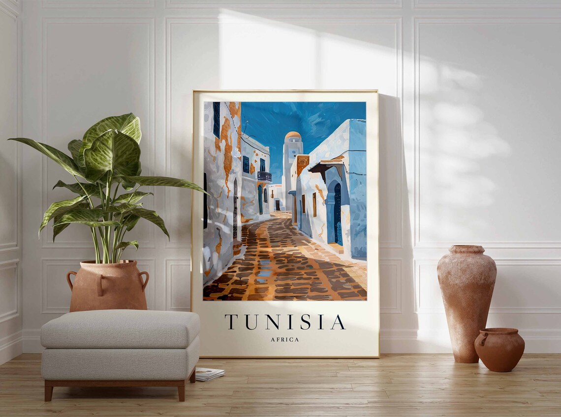 Tunisia Old Medina Cobblestone Street Minaret Africa Travel Poster - Image 3
