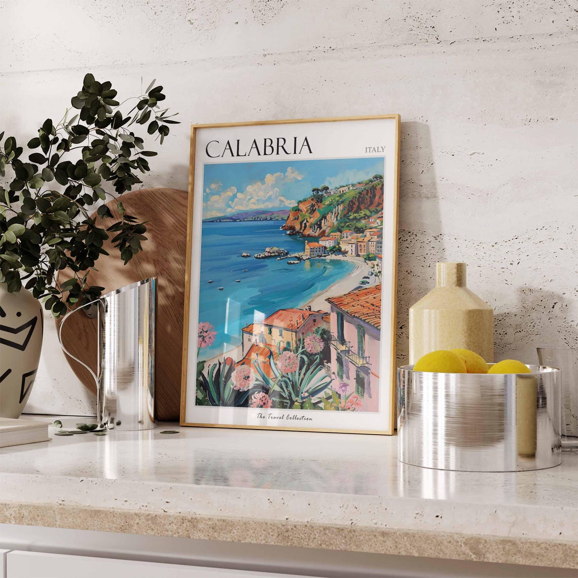 Calabria Italy Coastal Cliffs Village Boats Flowers View Poster - Image 2