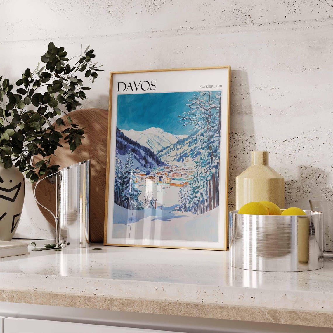 Davos Switzerland Blue Winter Valley Snowy Pines Ski Resort Poster - Image 2
