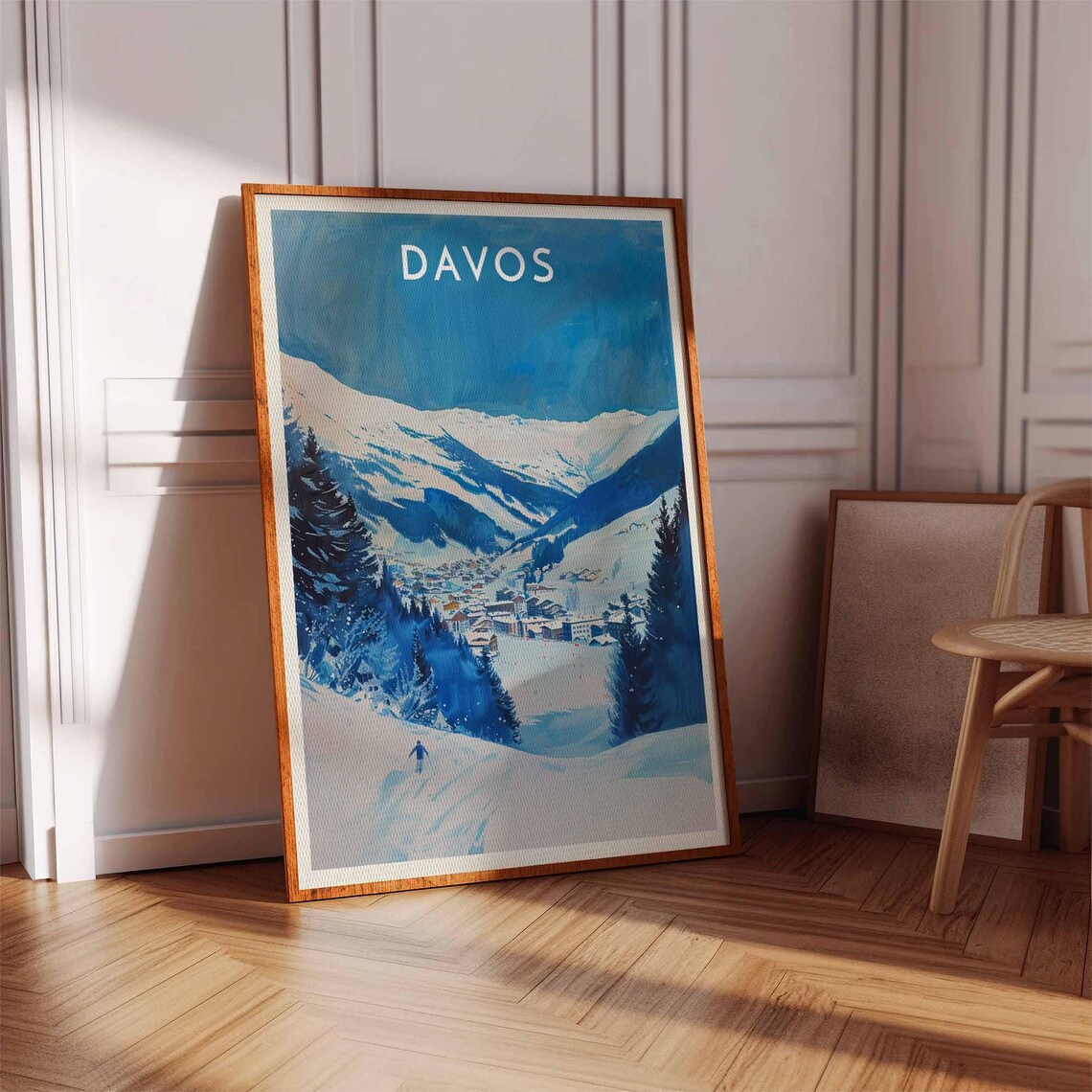 Davos Blue Valley Lone Skier on Fresh Powder Peaceful Winter Poster - Image 2