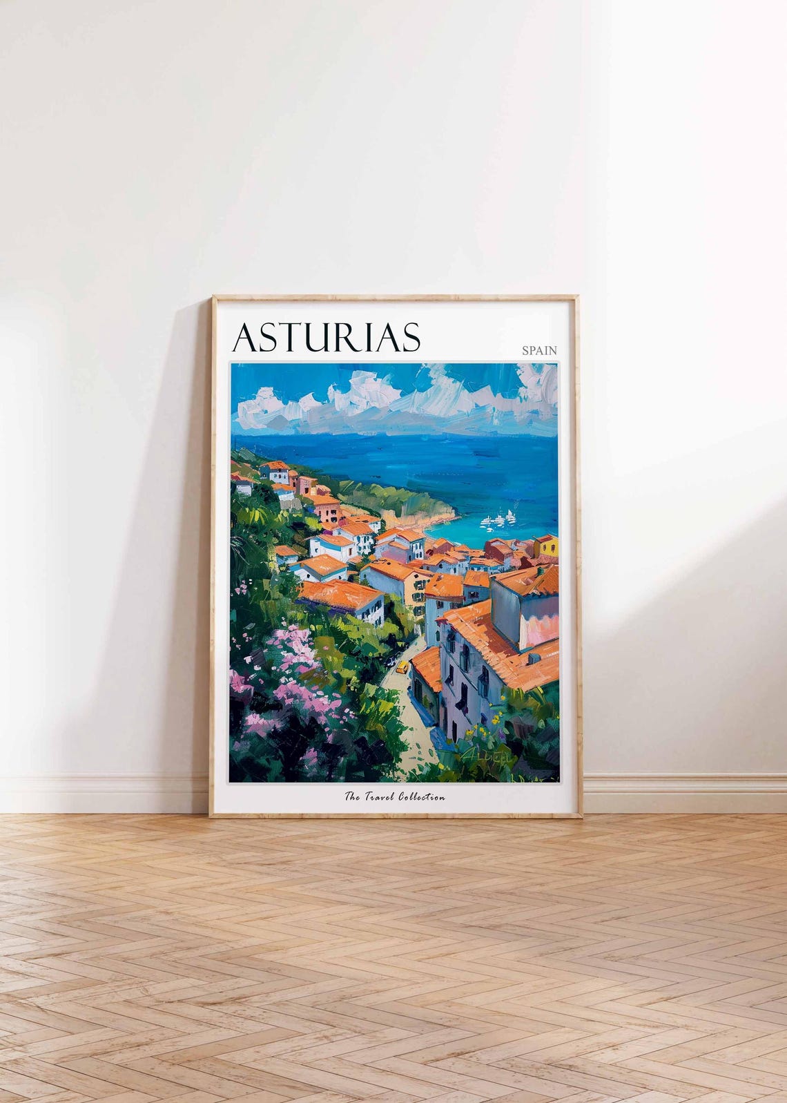 Asturias Spain Sunlit Seaside Town View Painted Travel Poster - Image 2