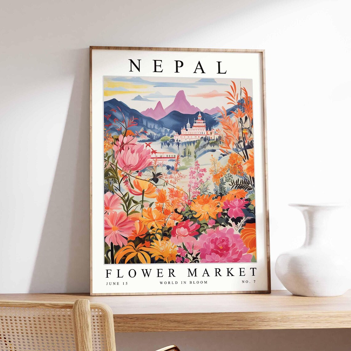 Nepal Flower Market Serene Dawn Lake Stupa Pink Flower Art Poster