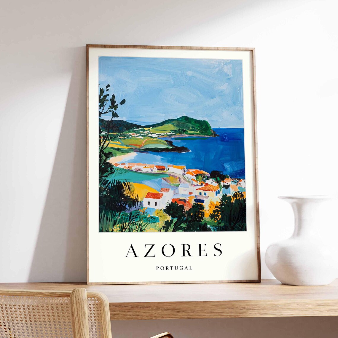 Azores Portugal Painted Harbor Town Hills Coastal Travel Poster