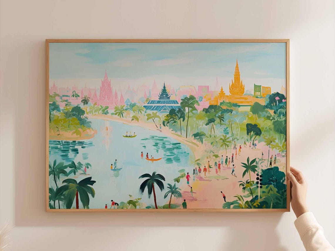 Cambodia Riverside Temple Cityscape Pastel Gouache River Beach Poster