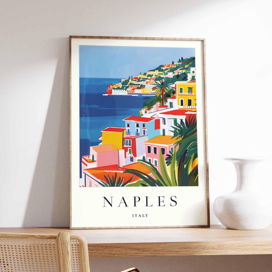 Naples Italy Cliffside Coastal Town View Vibrant Seascape Poster