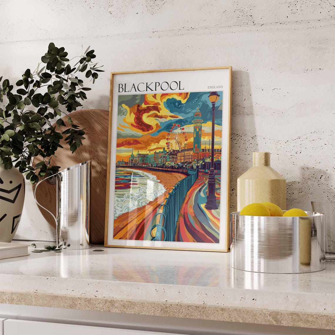 Blackpool England Sunset Promenade Tower Ferris Wheel Poster - Image 2