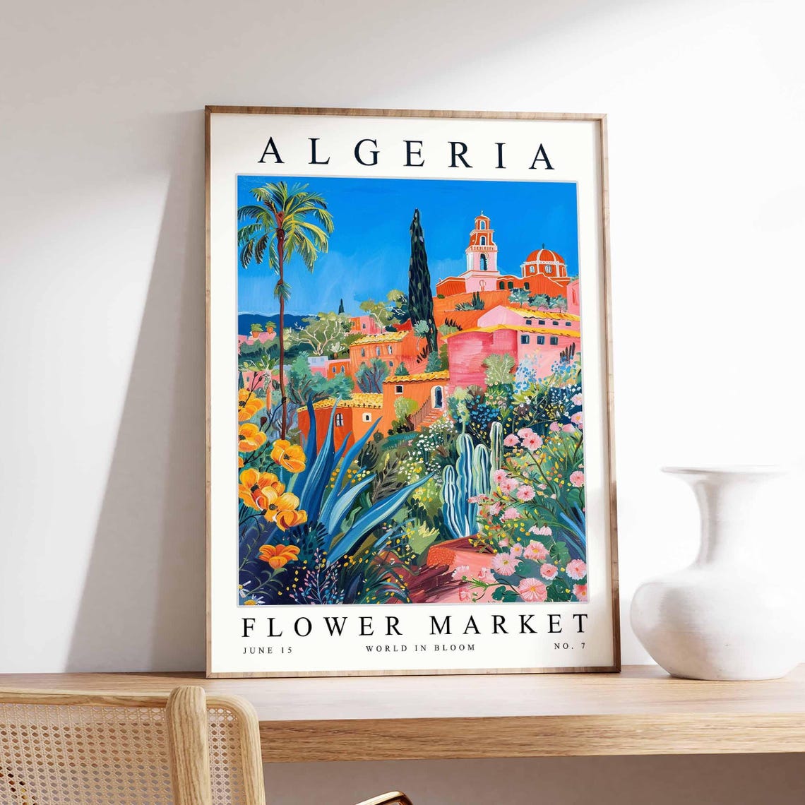 Algeria Flower Market Poster With Orange Hillside Town And Bell Tower