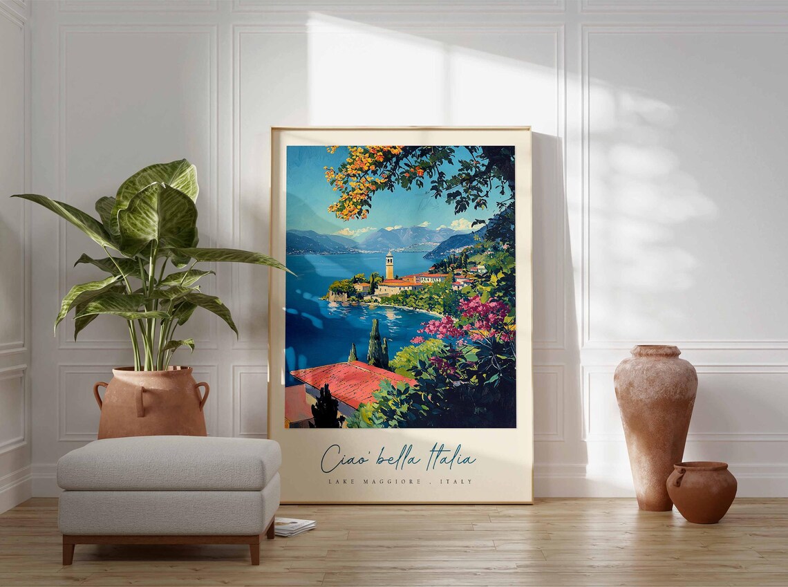 Lake Maggiore Italy Blossom Overlook Bell Tower Point Town View Poster - Image 3