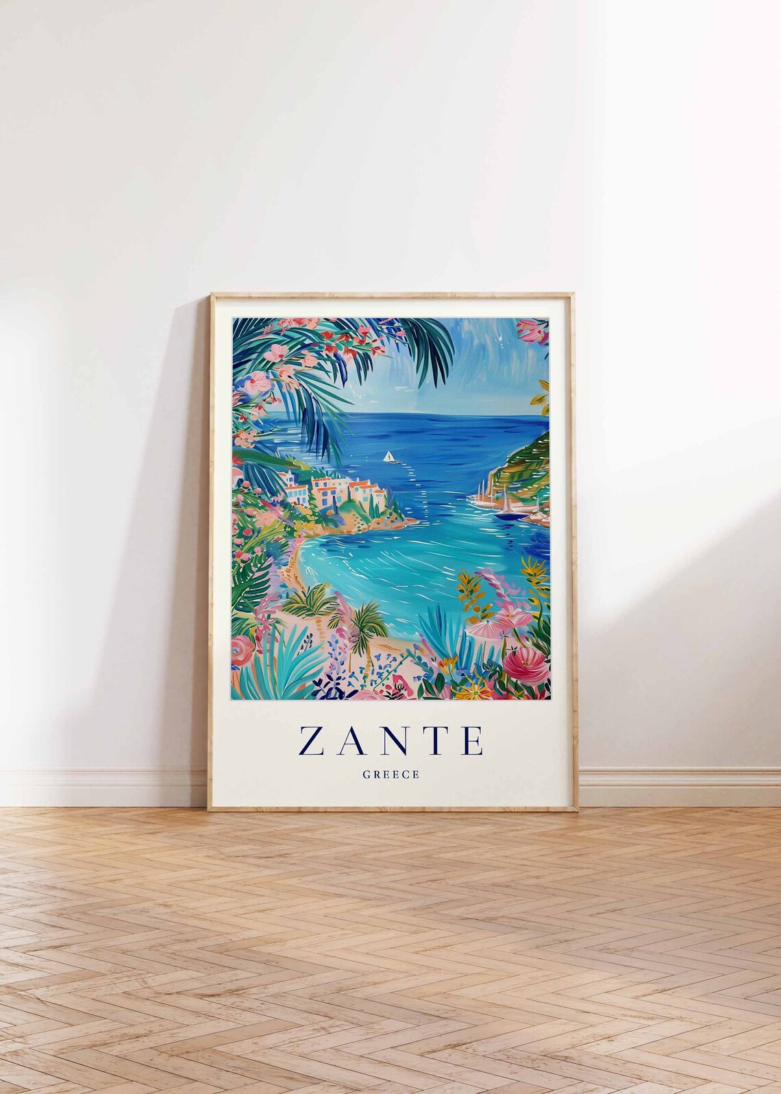 Zante Greece Travel Poster Turquoise Cove Sailboats Palm Garden Art - Image 2