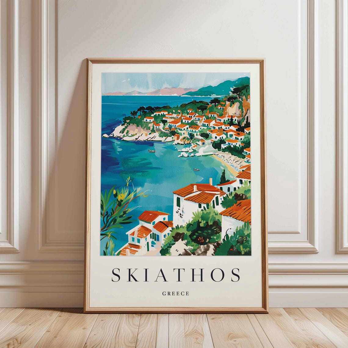 Skiathos Greece Sailboats Anchored Below the White Hill Town Poster - Image 3