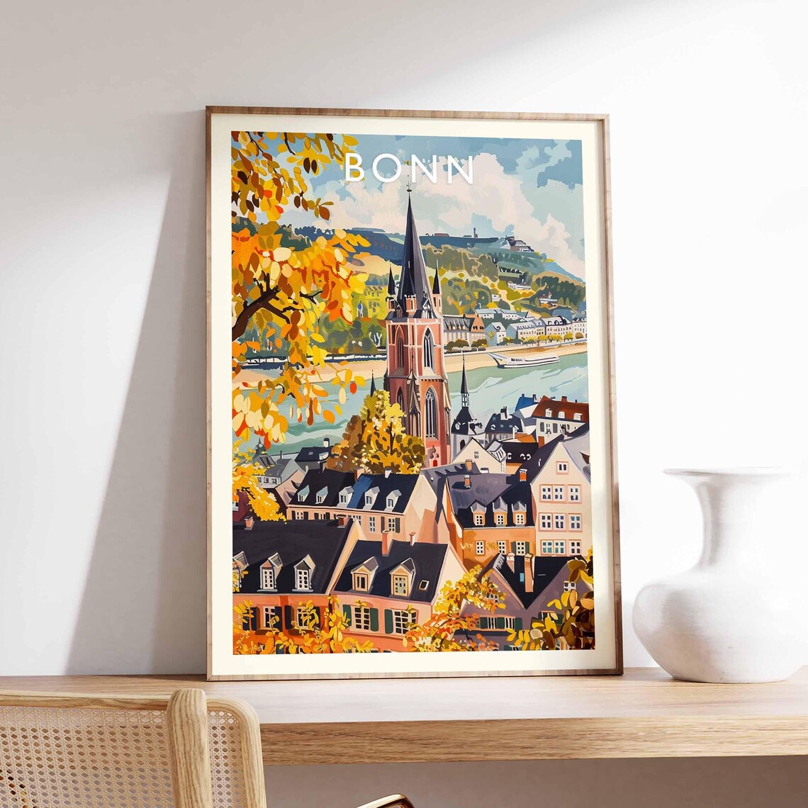 Bonn Vintage Church Spire Rhine River Autumn Germany Travel Poster