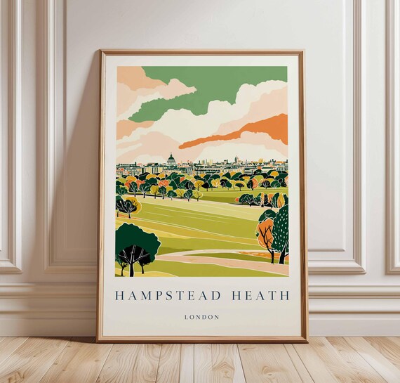 Hampstead Heath London Retro Travel Poster Skyline Dome Clouds Artwork