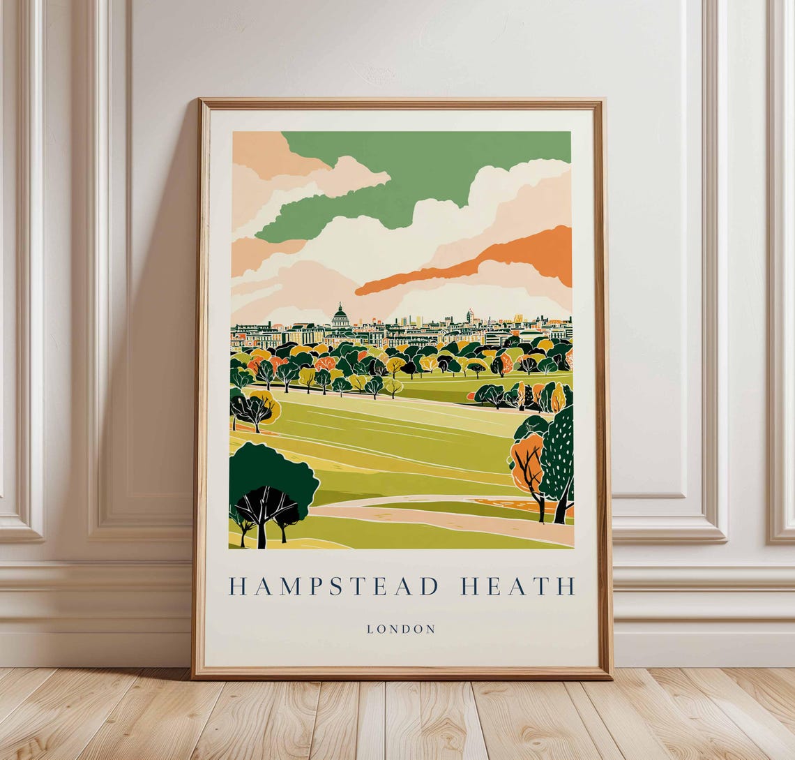 Hampstead Heath London Retro Travel Poster Skyline Dome Clouds Artwork