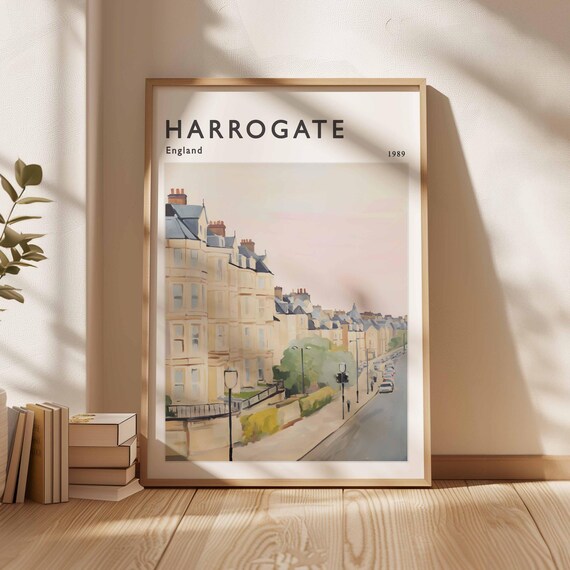 Harrogate England 1989 Watercolor Street Scene Spa Town Travel Poster